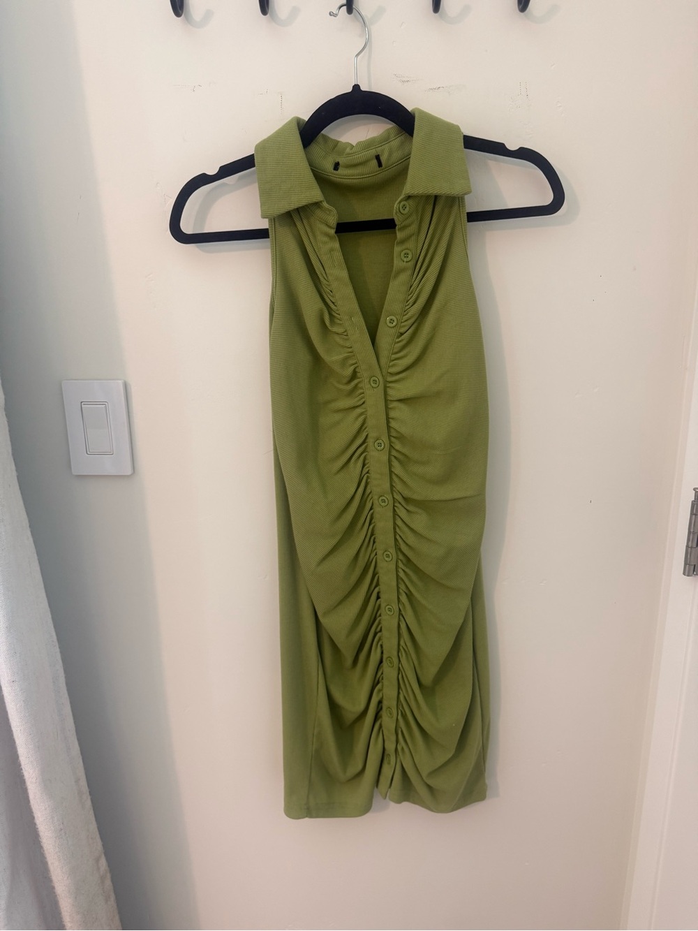 Olive Green Ruched Button-Front Halter Dress